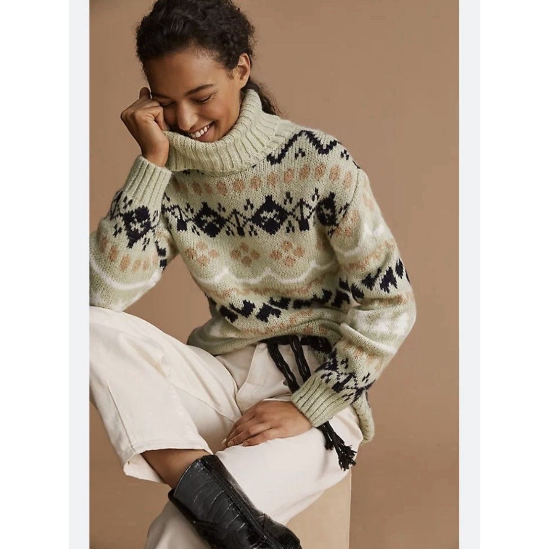 Anthropologie Sweater Turtleneck Tunic Fair Isle Women's Sm Nordic Hygge Holiday